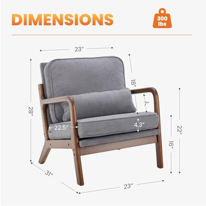 DUMOS Mid Century Accent Chairs Set of 2, 16'' Seat Height Lounge Chair | Upholstered Armchair with Waist Cushion and Wood Frame for Living Room, Bedroom, Reading Nook, Balcony, Light Grey - color: Light Grey, size: 2 Pack