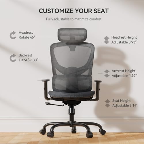 NOBLEWELL Ergonomic Mesh Office Chair with Flexible Adjustment Lumbar Support, High Back Desk Computer Chair with 2D Wide Headrest, Armrests, 130° Rocking Tilt, Home Office Chair for Long Hours, Grey