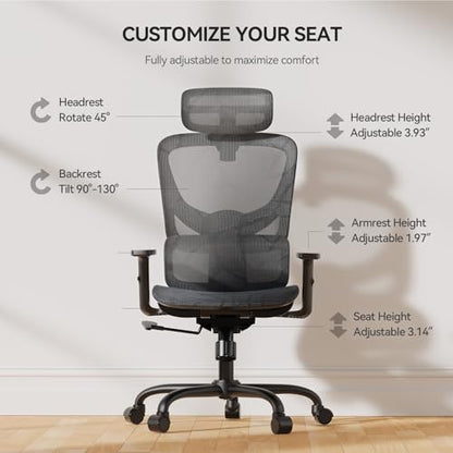 NOBLEWELL Ergonomic Mesh Office Chair with Flexible Adjustment Lumbar Support, High Back Desk Computer Chair with 2D Wide Headrest, Armrests, 130° Rocking Tilt, Home Office Chair for Long Hours, Grey