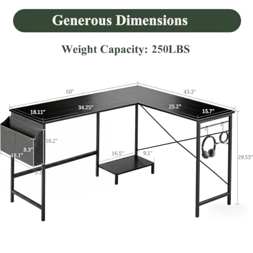 L Shaped Desk, 50 Inch Reversible Computer Desk with CPU Stand - color: Deep Black
