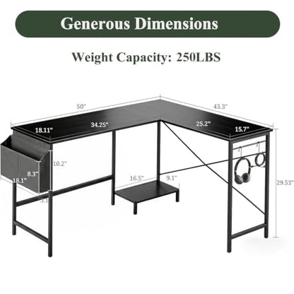 L Shaped Desk, 50 Inch Reversible Computer Desk with CPU Stand - color: Deep Black