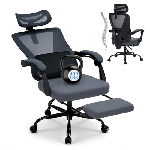 Ergonomic Office Desk Chair with Footrest - Adjustable Lumbar Support & 3D Headrest, 90-160° Reclining Mesh High-Back Rolling Work Swivel Computer Chair - Home Office/Gaming, 400lbs Capacity