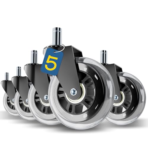 Office Chair Wheels Replacement,3" Rubber Casters 7/16" Stem,Universal fit for Most Rolling/Gaming Chairs,Floor Protection for Carpet/Hardwood/Tile,Smooth&Quiet Rolling,Set of 5 (Transparent) - color: Transparent, size: 11mm-Fit Most