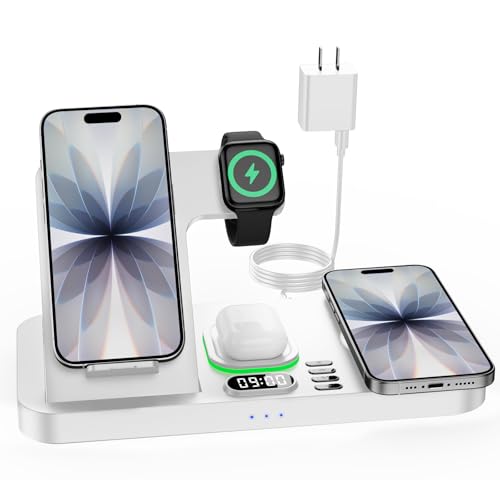 Dual Phone Foldable Wireless Charging Station for Apple Devices | Only for Apple Watch Charging, Cyclic Ambient Light, Digital Clock Display, Magnetic Wireless Charging for Phone, Portable - color: White
