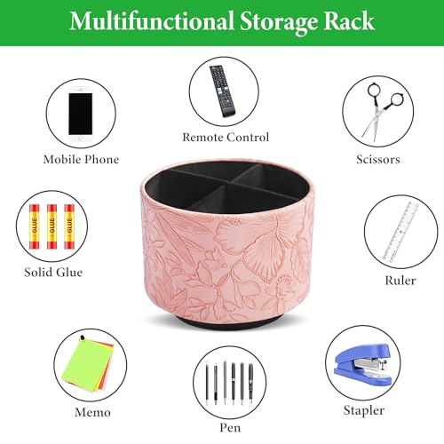 Round Leather Art Supply Organizer,Remote Control Holder,360 Degree Spinning,Multi-Functional Pencil Holder,4 Compartments Desktop Stationary Organizer(1-Carved Pink) - color: 1-Carved Pink