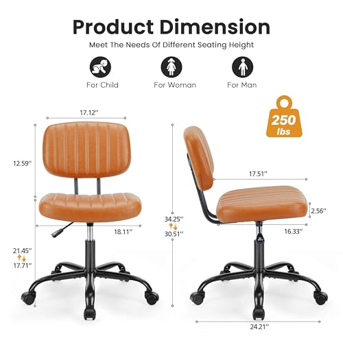 HealSmart Small Office Desk Chair with Wheels, Armless Desk Chair with Lumbar Support, PU Leather Low Back Adjustable Height 360° Rolling Swivel Task Chair Without Arm for Home, Bedroom,Office, Brown - color: Brown