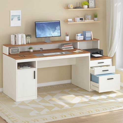 65" Computer Desk with 3 Drawers & Printer Shelf for Home Office | Office Desk with Printer Shelf & File Drawer, Executive Desk Writing Study Table with Monitor Stand, Brown & White - color: Antique White