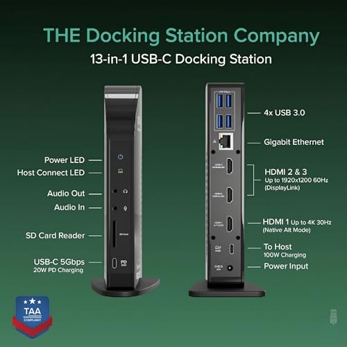 Plugable USB-C Triple Monitor Docking Station: 13-in-1 Laptop Dock with 100W Charging for Mac (DisplayLink Driver Required), Windows, Chrome, 3 HDMI, Gigabit Ethernet, SD, USB-C 20W, 4 USB - UD-ULTCDL