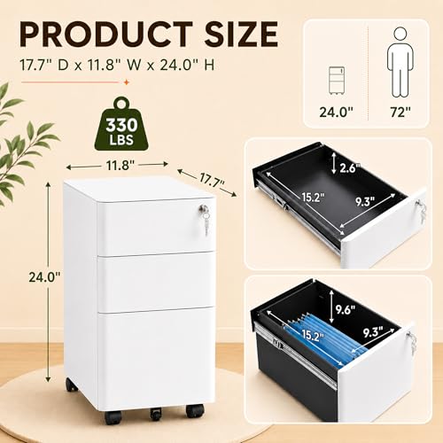 SAWJEC 3 Drawer Mobile File Cabinet Fully Assembled, White | 11.8"W x 17.7"D x 24"H, Rolling Under Desk Metal Filing Cabinet with Lock, for Home Office, Fit Legal/Letter/A4 Size - color: White, size: 24"H x 11.8"W x 18"D