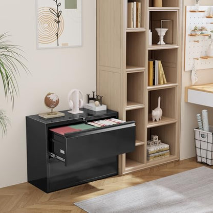 Lateral File Cabinet 2 Drawer, Black Metal File Cabinets for Home Office, Locking File Cabinet for Letter/Legal/F4/A4 Size Hanging Files, Easy Assembly