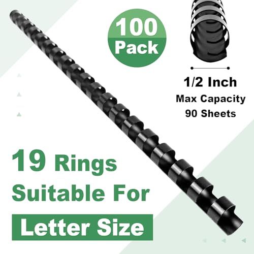 HOUYEE 100 Pack 1/2 Inch Plastic Binding Combs Spines, 19 Rings, Black | 12 mm Binder Combs for Letter Size Paper, 90 Sheets Capacity , for Book Binder Office School Supplies - size: 1/2 inch, 100 pack