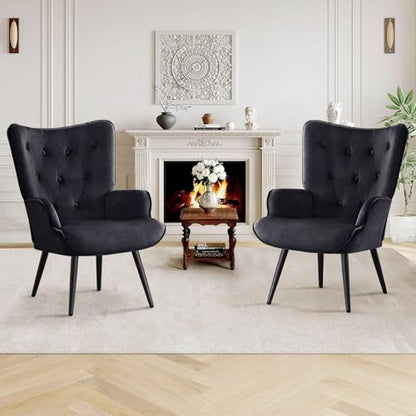 Furniliving Velvet Accent Chair Modern Upholstered Side Armchair with Tapered Legs Tufted Button Wingback Sofa Chairs Tall Back Reading for Living Room Bedroom Waiting Room, Black - color: Black, size: Set of 1