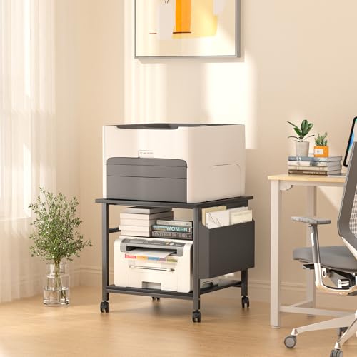 Large Printer Stand, 23.6 x 23.6 Inches Square Printer Stand with Storage Shelf, 2 Tier Printer Table for Home Office, Rolling Printer Cart with Lockable Wheels, Mobile Mini Fridge Stand Table, Black - color: Black