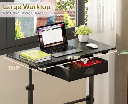 Adjustable Height Standing Desk With Drawer, Rolling Sit Stand Up Desk With Wheels, Small Sit To Stand Computer Desk, Adjustable Desktop Height, On Wheels, Black, For Walking Pad Laptop Treadmill - color: Black