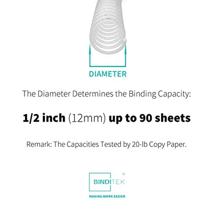 Binditek Plastic Spiral Binding Coils, 12 mm, 4:1 Pitch, White, 50 Pack - size: 12mm, style: 50P , White