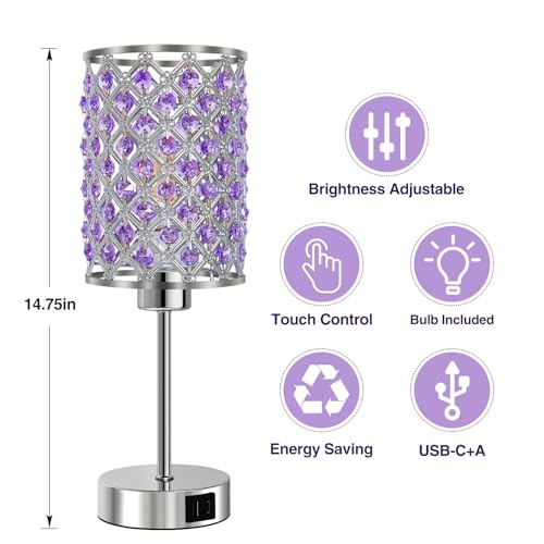 Crystal Table Lamp, Purple Touch Lamp with USB C+A Port, 3-Way Dimmable - color: Purple-1, size: 14.75"