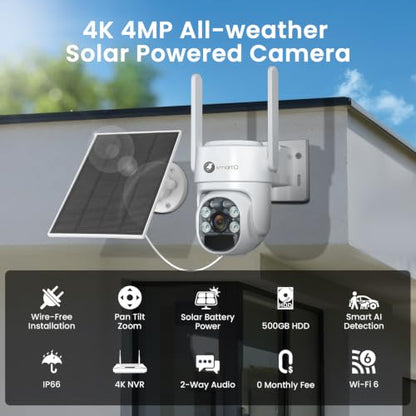 xmartO Wire-Free Solar PTZ AI Tracking Security Camera System, 4-Cam Kit, 4MP 2K QHD + 4K 10CH Expandable WiFi NVR, All-Weather Solar Charge, PIR Sensor, Easy Installation, No Monthly Fee, 500GB - style: 4-CAM KIT