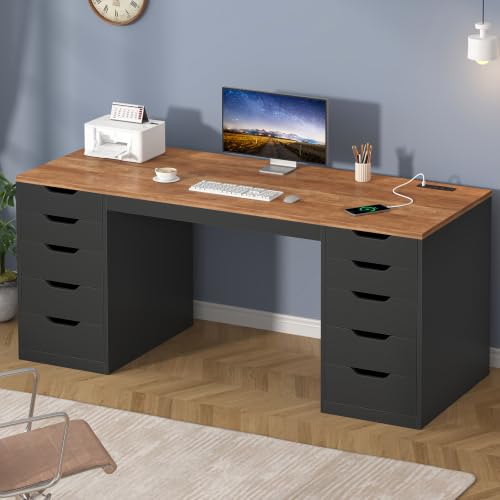 YOMILUVE 55 Inch Computer Desk with 10 Drawers and Outlets for Home Office - color: Brown and Black, size: 55inch-10drawers