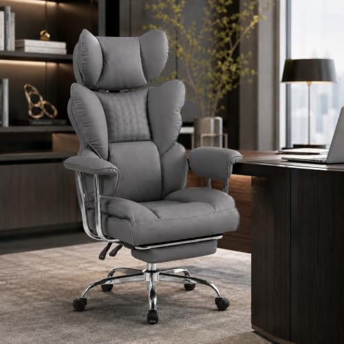 Big and Tall Office Chair, Ergonomic Executive Desk Chair with Footrest and Lumbar Support, Heavy Duty PU Leather Reclining Computer Chair with Extra Wide Seat for Home Office, Grey - color: Grey