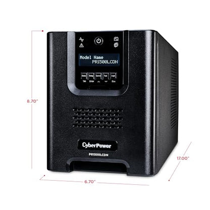 CyberPower PR1500LCDN 15A Smart App Sinewave UPS Battery Backup and Surge Protector, 1500VA/1500W, 8 Outlets, AVR, Mini-Tower, Pre-Installed RMCARD205, UL Certified | 1500VA/1500W, 8 Outlets, AVR, Mini-Tower, Pre-Installed RMCARD205, UL Certified - size: