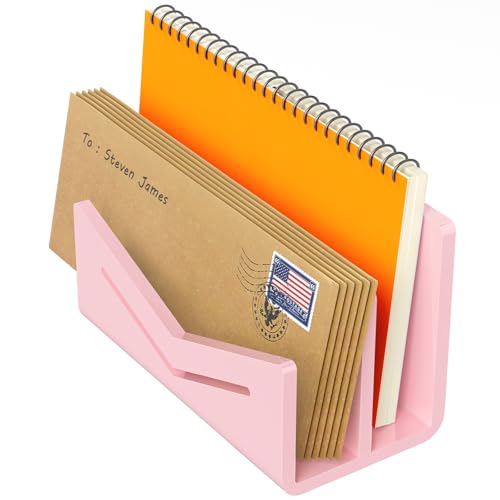 Beego Envelope and Mail Organizer Countertop - 2 Compartments Pink Acrylic Desk Organizer Letter Holder Desktop File Sorter Bill Document Folder Rack for Office, Home, School Desk Organization - color: Pink, size: 2 Compartments