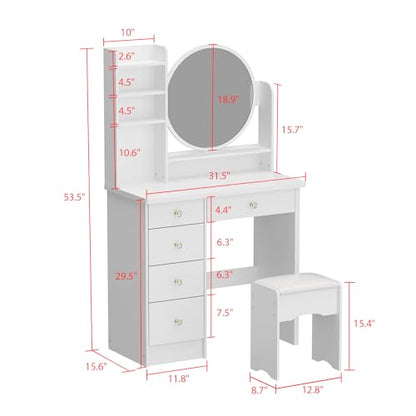 ECACAD Vanity Desk Set with Round Mirror, Makeup Dressing Table with 5 Drawers, Storage Shelves & Cushioned Stool for Bedroom, White - style: White-Without Light