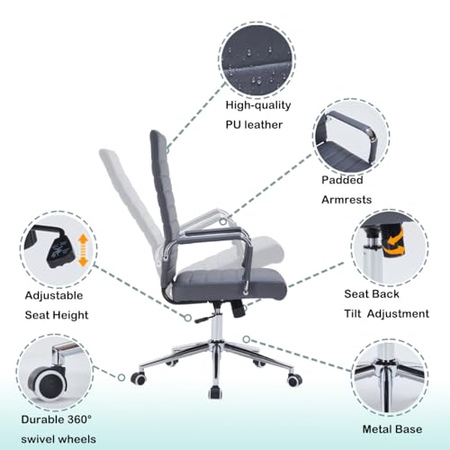 Grey Leather Ribbed Office High-Back Desk Conference Chairs with Wheels | Ergonomic High-Back Executive Chairs with Wheels Adjustable Swivel Computer Task Desk Chair with Arms and Thick Padded Seat - color: Grey, size: High Back