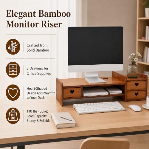 Bamboo Desk Monitor Stand with Drawer Wooden Computer Stand for Desk Monitor Riser with Storage for Laptop, PC Screen, TV, Printer, 3 Drawers + Hidden Keyboard Space