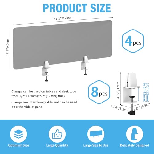 Desk Divider 4 Pcs Desk Privacy Panel 47.2''L x 15.8W'' Office Partitions Grey Acrylic Panel Pack of 4 Desk Divider Partition with Adjustable Universal Base Brand: Yeaborn - size: 47.2''L x 15.8W''
