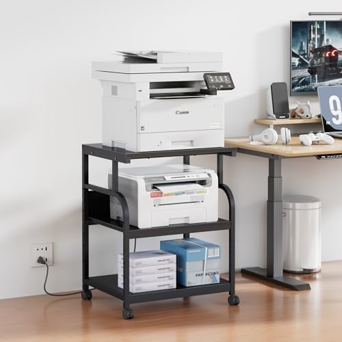 VECELO Large Printer Stand with Power Outlet, 3-Tier Rolling Cart with Adjustable Shelf & Lockable Wheels, Heavy Duty Utility Table for Home Office, 18.9"x23.6"x30.2", Black