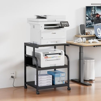 VECELO Large Printer Stand with Power Outlet, 3-Tier Rolling Cart with Adjustable Shelf & Lockable Wheels, Heavy Duty Utility Table for Home Office, 18.9"x23.6"x30.2", Black
