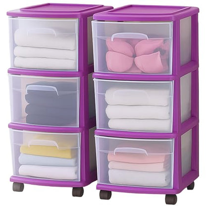 HOMZ Drawer Tower, 3-Tier Storage Cart w/Removable Wheels, Purple, 2 Pack - color: Purple, size: 2 Pack