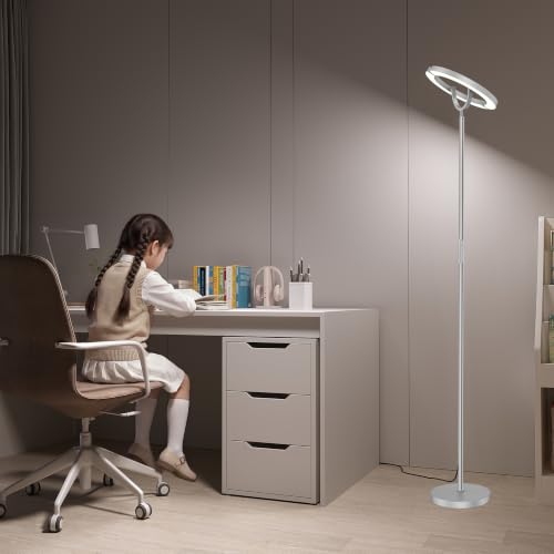 SIBRILLE 30W LED Floor Lamp for Living Room, 350° Rotating Reading Standing Lamp with Remote Control, Stepless Dimmable 3000K-6500K Modern Tall Lamp for Bedroom Office - color: Silver