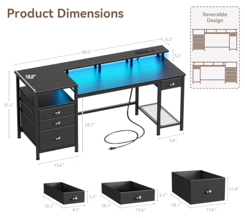 Furologee 60" Gaming Desk with 4 Drawers & LED Lights, Power Outlet, Black - color: Black, size: 60 Inch