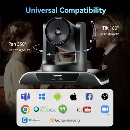 Tenveo AI Auto-Tracking PTZ Camera 3X Optical + 4X Digital Zoom, USB3.0/HDMI/RS232, 93° Wide-Angle for Video Conferencing, Business Meetings, Live Streaming, Church, Worship, Zoom, Teams, OBS - color: Obsidian