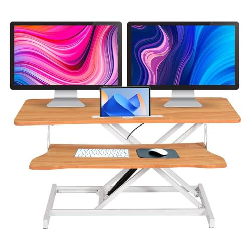 37-Inch Standing Desk Converter – Easy to Assemble, Height Adjustable, Gas Spring Lift, Dual Monitor Laptop Workstation with Spacious Keyboard Tray, Ergonomic Converter(Natura - color: Natural Wood