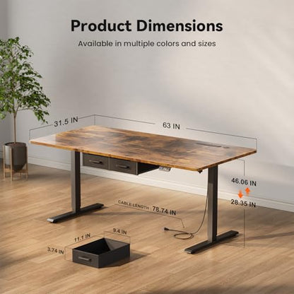HLDIRECT 63" Electric Standing Desk with Outlets & 2 Drawers, Rustic Brown | 31.5" Extra Wide Desktop Up to 176lb, 28"–46" Height Range & 3 Memory Presets, Integrated Cable Management, Quick Assembly - color: Rustic Brown, size: 63 inch