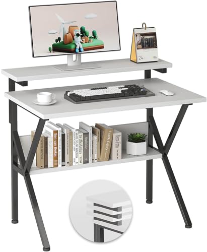 COTUBLR Small Desk, Small Computer Desk for Spaces, 27.5 Inch Computer Desk with Adjustable Monitor Stand, Compact Desk with Storage for Bedroom Home Office, White Tabletop+Black Frame - color: White Tabletop+black Frame
