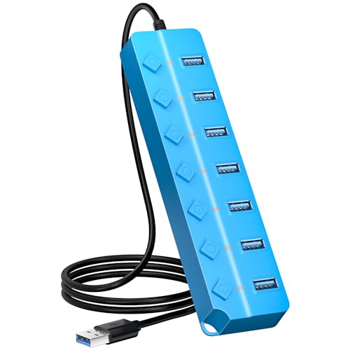 USB Hub 7 Port, USB Splitter with Individual On/Off Switches and Lights - color: Blue