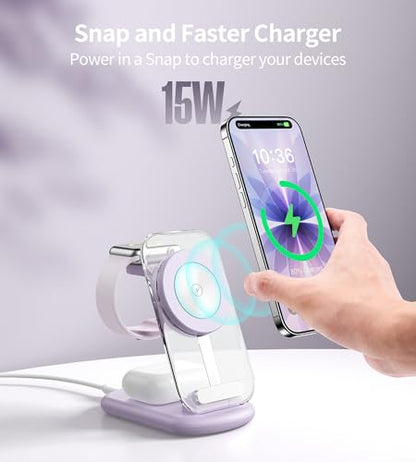 Mukiya 3 in 1 Magnetic Wireless Charging Station for Apple Devices | Fast Travel Charger Stand with Night Light for MagSafe-enabled iPhone 17 16 15 14 13 12 Series, Apple Watch/AirPods Pro, PU - color: Purple