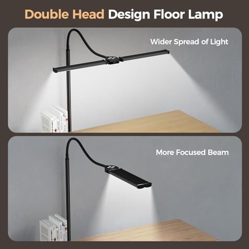 LED Floor Lamp for Living Room,Bright Reading Lamps for Office | 5 Adjustable Colors Temperatures&Brightness, Dual Head Goose-Neck Standing Lamp, Remote Control, Eye Caring Tall Lamp, Black - color: Black