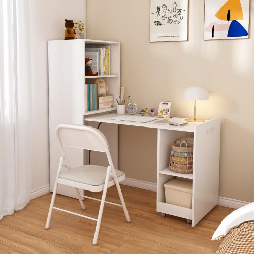 White Wooden Compact Folding Computer Desks for Small Spaces | Foldable Desk with Storage Shelves, Expandable Hidden Murphy Table with Wheels, Space Saving Writing Table for Bedroom - color: White