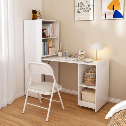 White Wooden Compact Folding Computer Desks for Small Spaces | Foldable Desk with Storage Shelves, Expandable Hidden Murphy Table with Wheels, Space Saving Writing Table for Bedroom - color: White