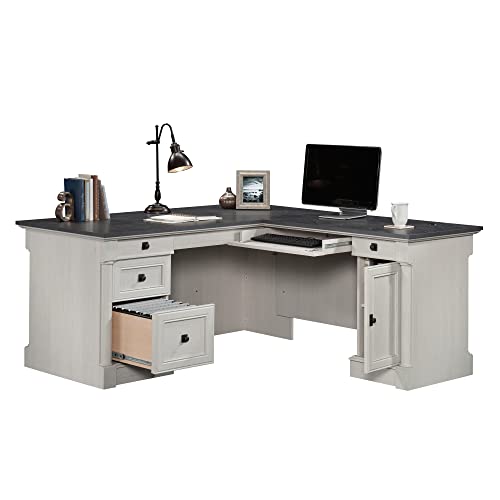 Sauder Palladia L Shaped Desk with Drawers, Office Desk with File Cabinet Storage, Cable Management, Keyboard Tray, in Glacier Oak Finish - color: Glacier Oak
