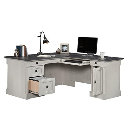 Sauder Palladia L Shaped Desk with Drawers, Office Desk with File Cabinet Storage, Cable Management, Keyboard Tray, in Glacier Oak Finish - color: Glacier Oak