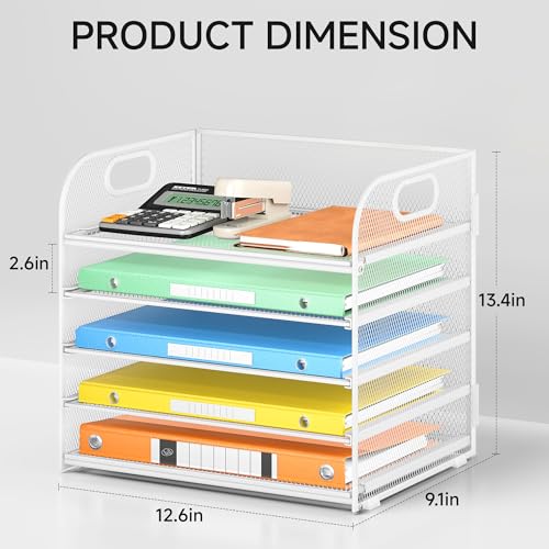 Lavatino 5 Tray Paper Organizer Letter Tray with Handle - Mesh Desk File Organizer, Paper Sorter Organizer for Office, Home or School File Folder Holder - White - color: 5 Tier - White, size: 12.6" x 9.1" x 11.5"