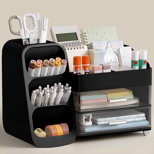 HBlife Desk Organizer with Pen Pencil Holder for Desk, Pen Organizer with 2 Drawers, Desk Organizers and Accessories with 4 Compartments, Desktop Storage for Office Home School Art Supplies, Black - color: Black