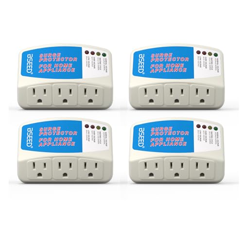 BSEED Surge Protector for Home Appliance 3 Outlet Surge Protector for Refrigerator Voltage Protector for TV, PC, PS5, Air-Conditioning and Other Valuable Household Electronic 125V, 1875W, 4 Pack - color: 008120V4PACK