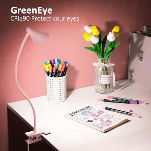 LiFMIRA Pink Small Desk Lamp Clip on LED Reading Light for Bed | 3 Color Modes 10 Dimmable Brightness, Book in Bed Headboard, Flexible Reading Lamp with Clamp BL08 - color: Pink