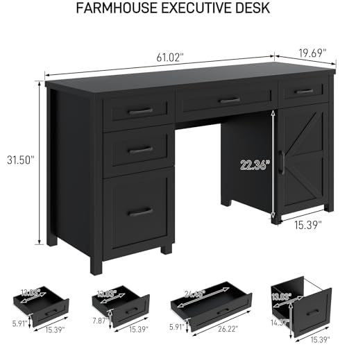 Vabches Farmhouse 61'' Executive Desk with 5 Drawers,Pure Black - color: Pure Black, size: 61" W